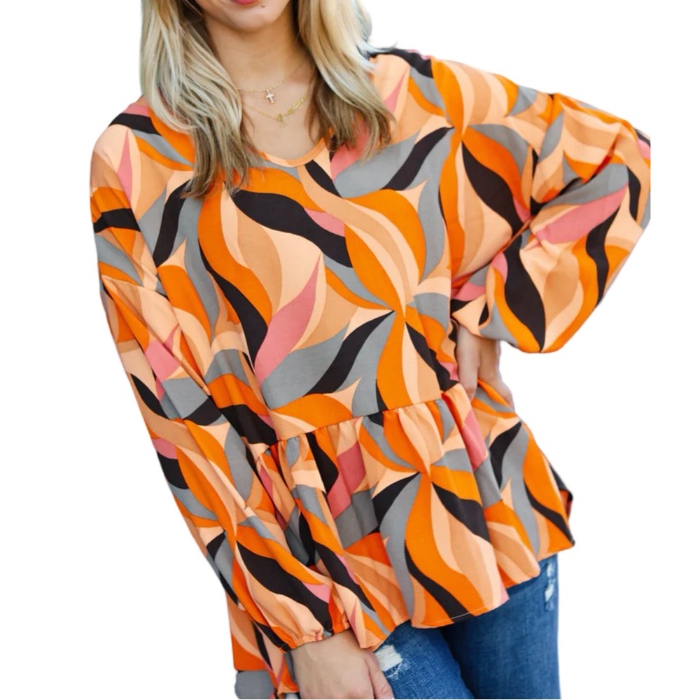 NEW HAPTICS RUST ABSTRACT PRINT V NECK PEPLUM TOP - Picture 10 of 10